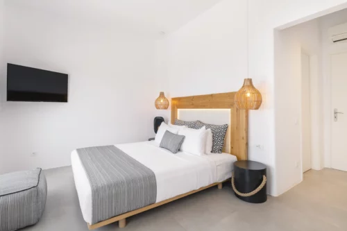 Luxury bedroom with double bed in Mykonos